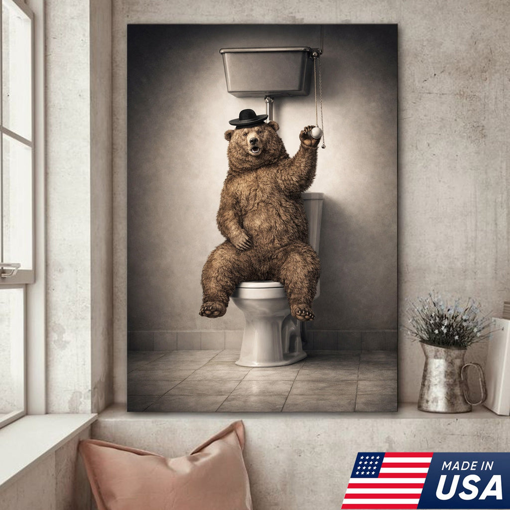 Funny Bear Bathroom Canvas Wall Art – Bear On Toilet Painting