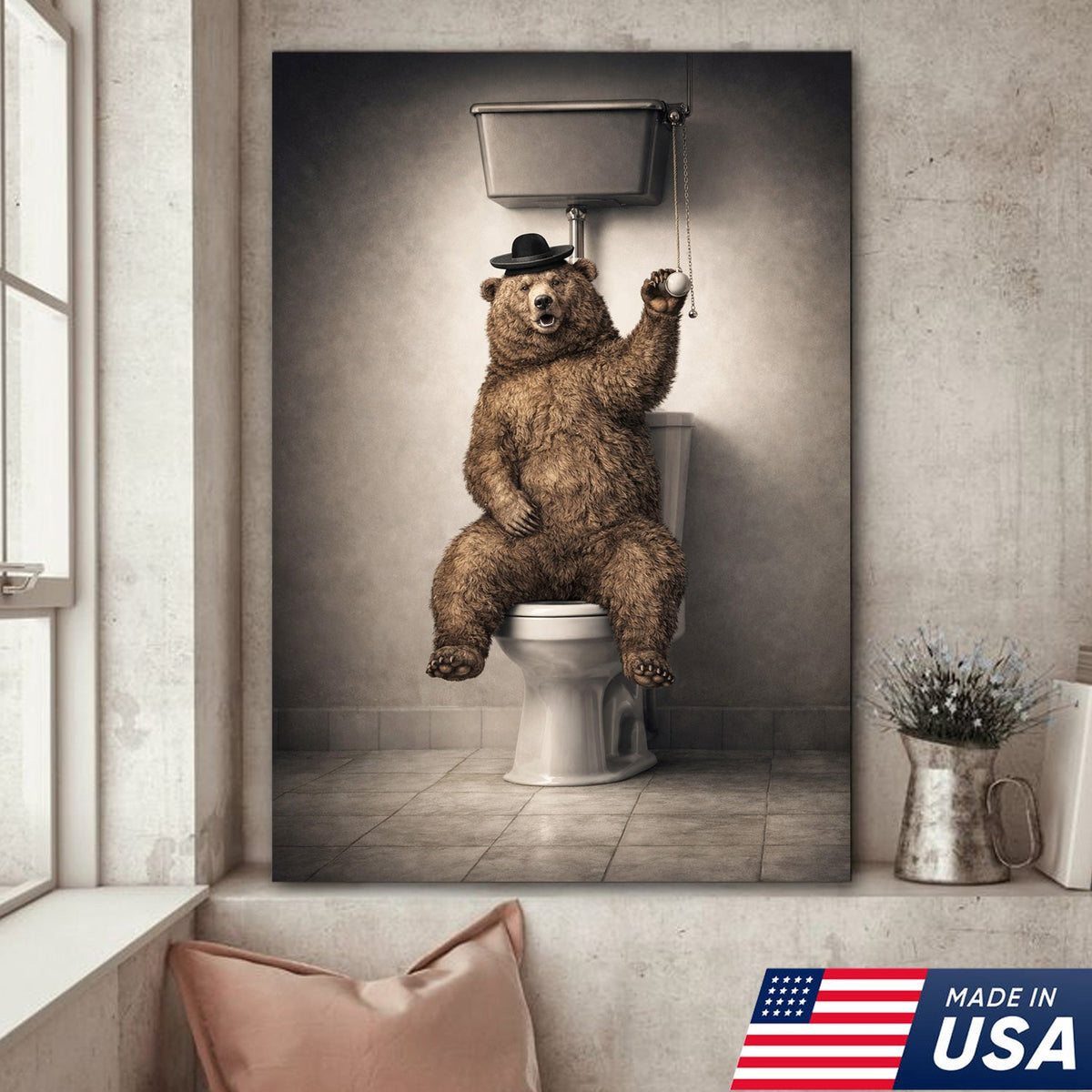 Funny Bear Bathroom Canvas Wall Art – Bear On Toilet Painting