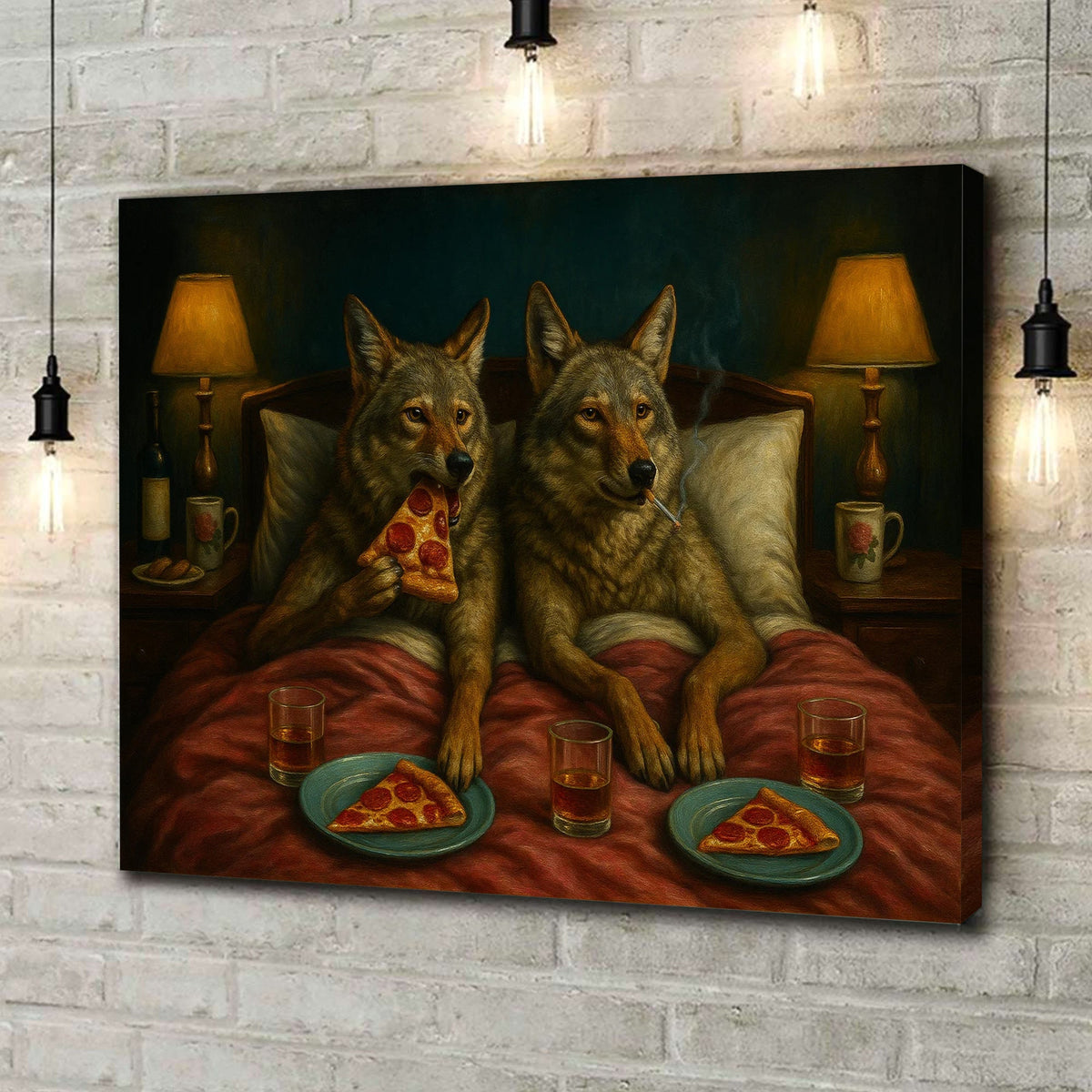 Whimsical Wolf Coyote Couple Pizza Night Canvas Wall Art – Cozy Bed Scene