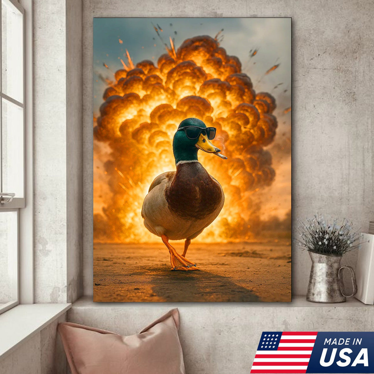 Cool Duck Walking from Explosion Canvas Wall Art, Funny Action Movie Style Decor for Man Cave