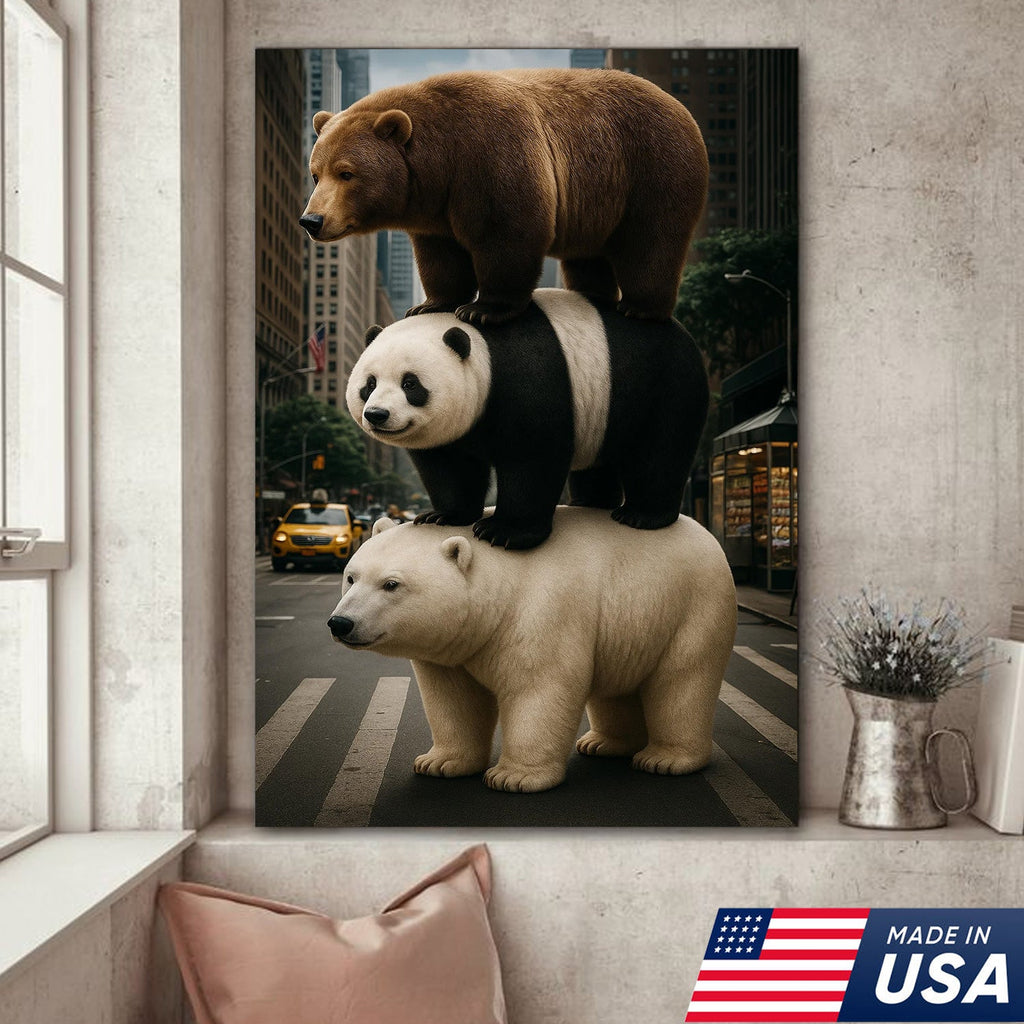 Bear Stack Canvas Wall Art, Cute Polar Panda Brown Bear in City Street Print