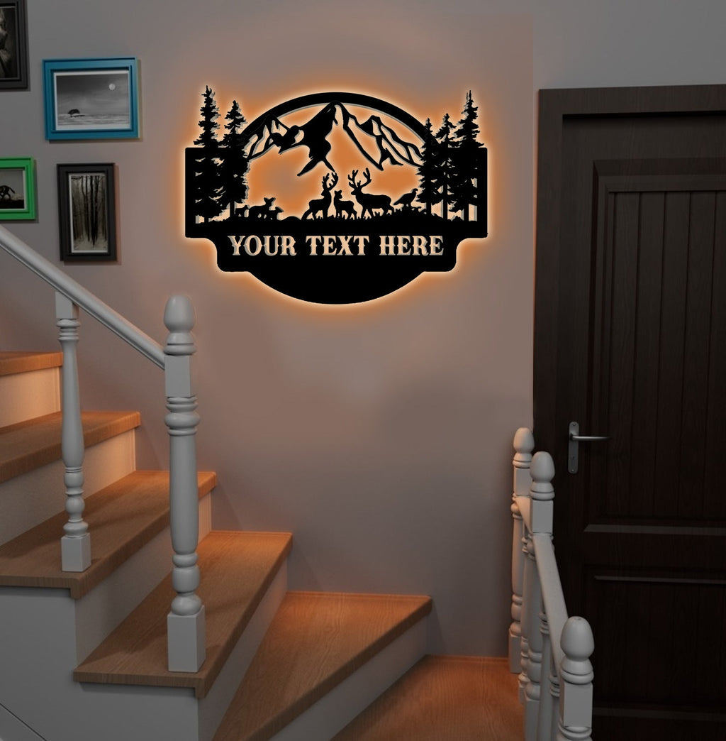 Personalized Deer Metal Sign WITH LED/WITHOUT LED - Mountain Cabin Name Sign
