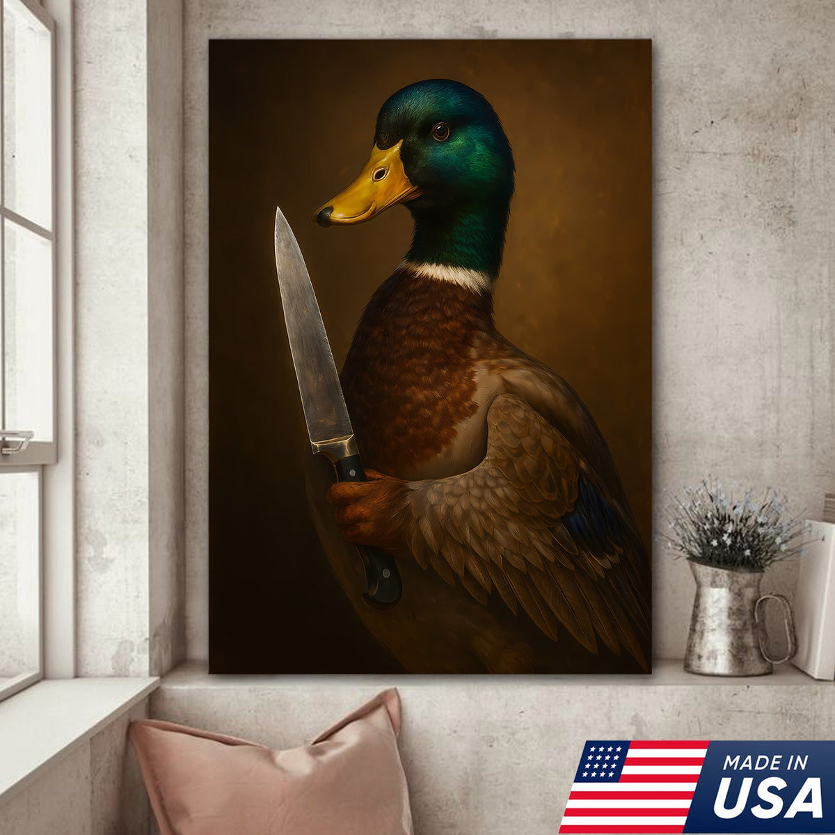 Funny Duck With Knife Wall Art – Mallard Portrait Painting, Dark Humor Animal Canvas