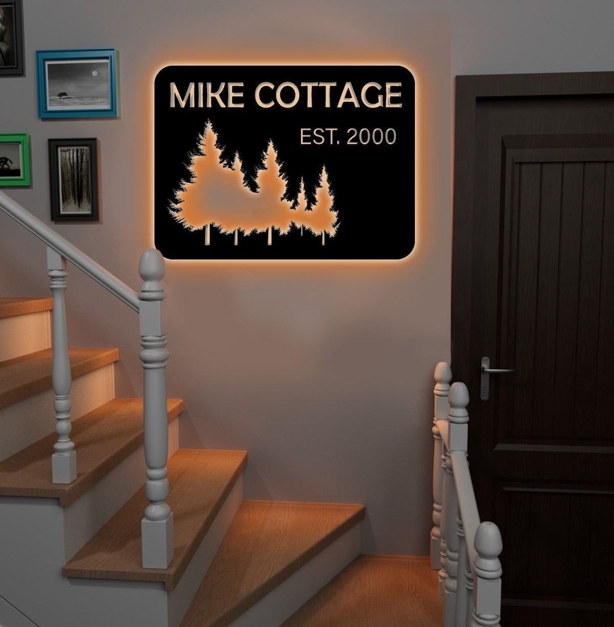 Personalized Forest Metal Sign WITH LED/WITHOUT LED - Rustic Cabin Name Sign With Pine Trees