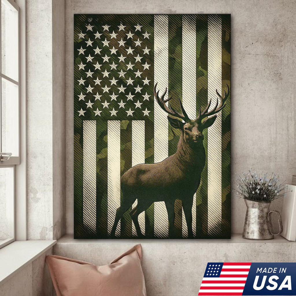 Patriotic Deer American Flag Canvas Wall Art, Camo USA Flag Buck Print