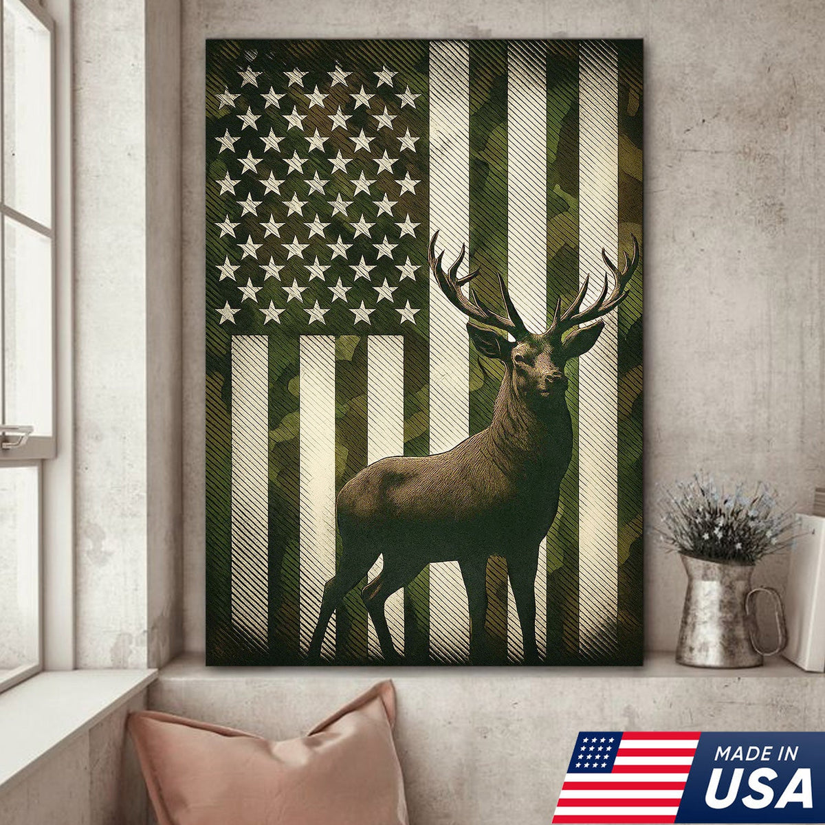 Patriotic Deer American Flag Canvas Wall Art, Camo USA Flag Buck Print