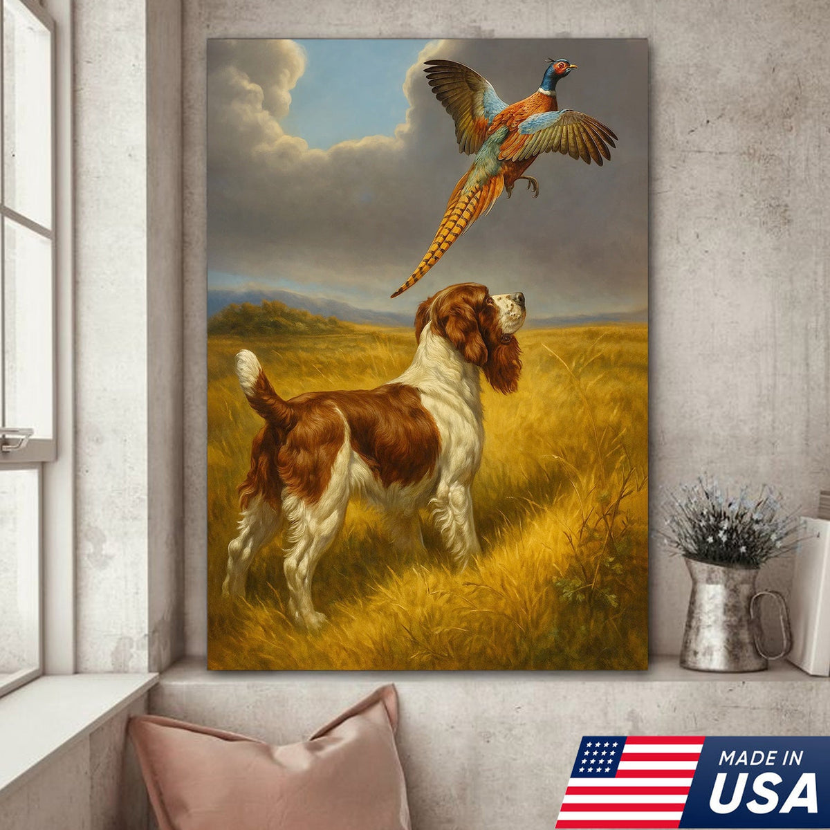 Hunting Dog and Pheasant Canvas Wall Art – Rustic Wildlife Scene – Lodge and Cabin Decor