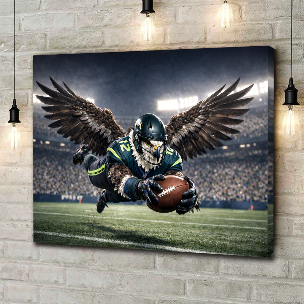 Soaring Eagle Football Canvas Wall Art – Winged Athlete Diving Catch Stadium Print