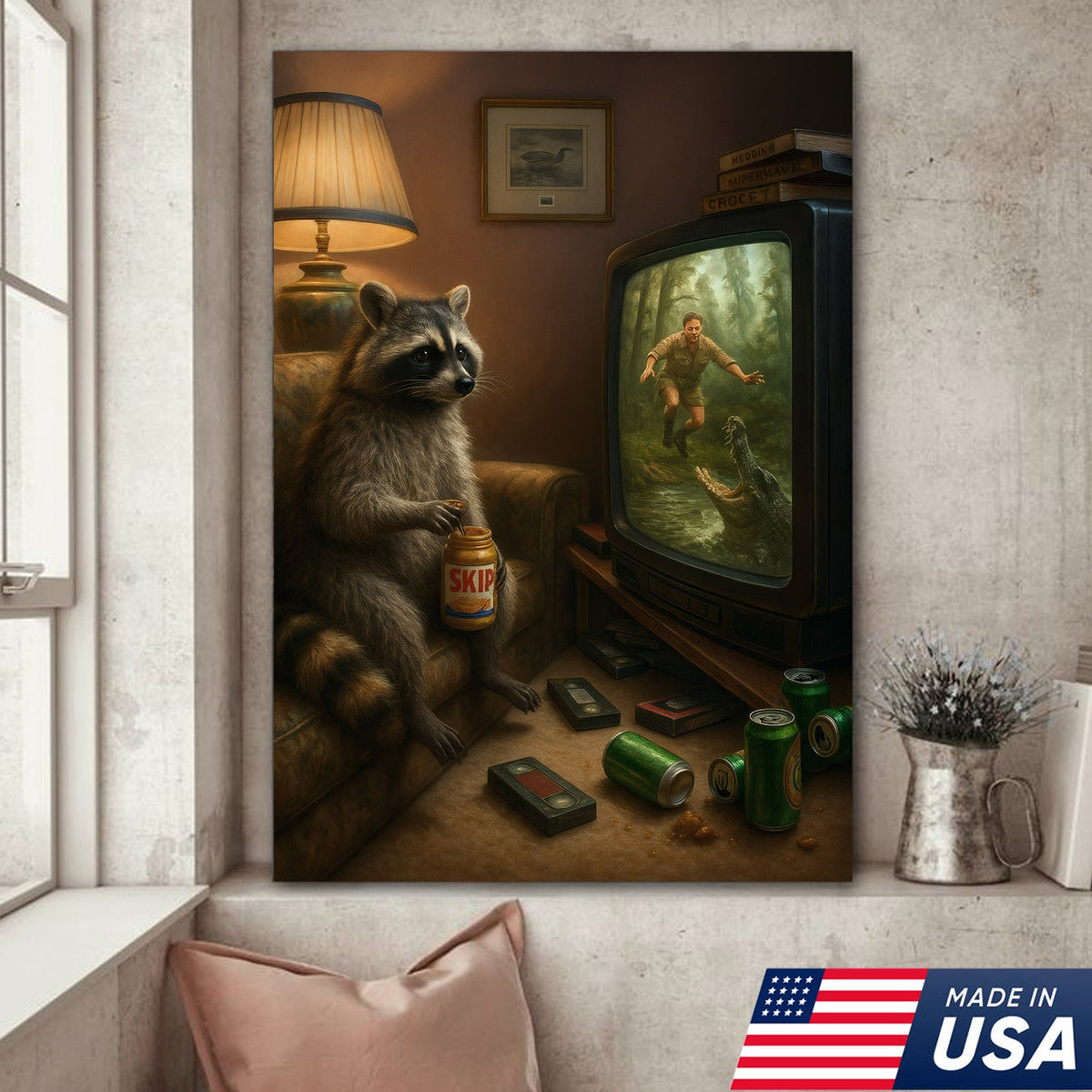 Funny Raccoon Watching TV Wall Art – Lazy Animal Painting, Wildlife Humor Canvas