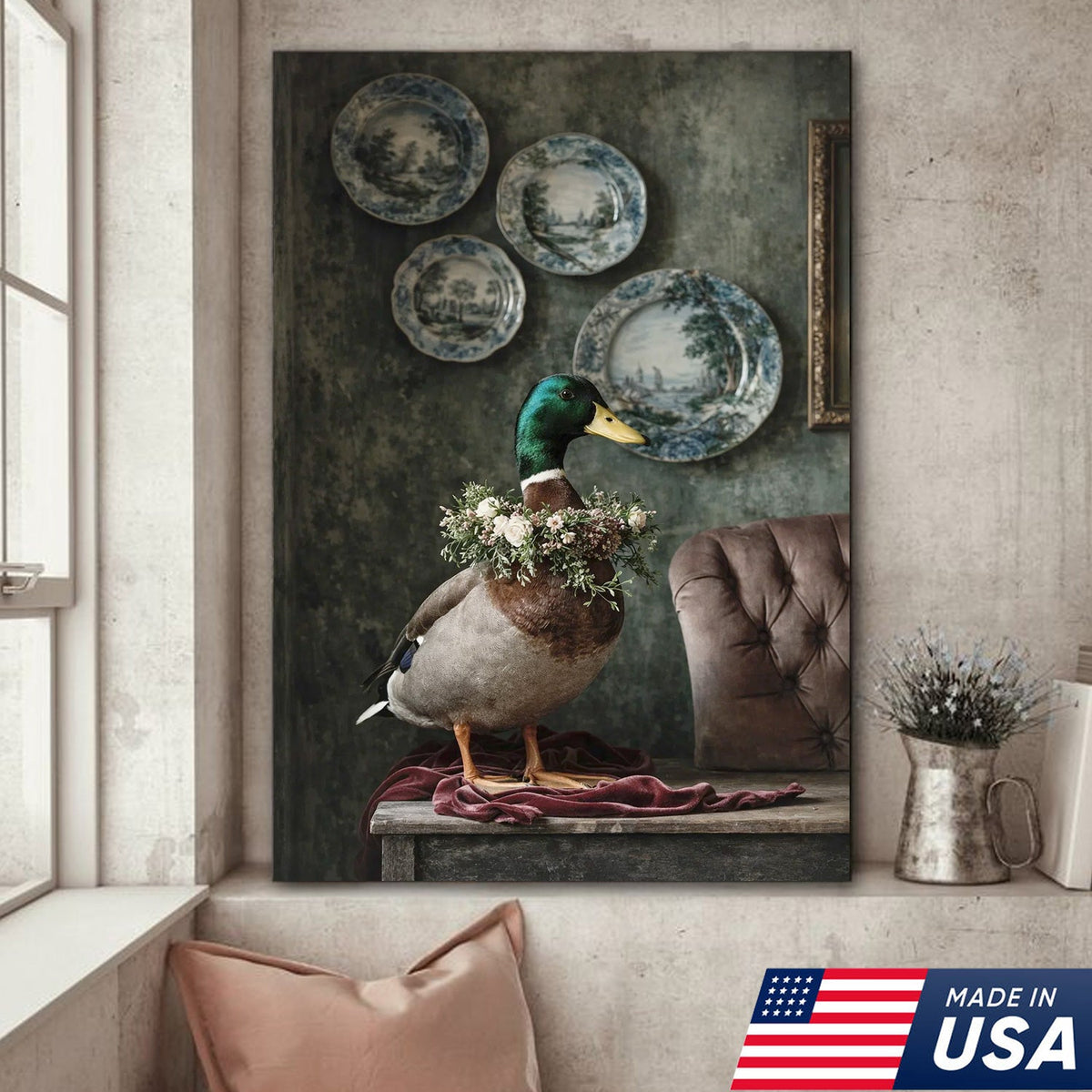 Vintage Duck Portrait Canvas Wall Art, Elegant Mallard with Floral Collar