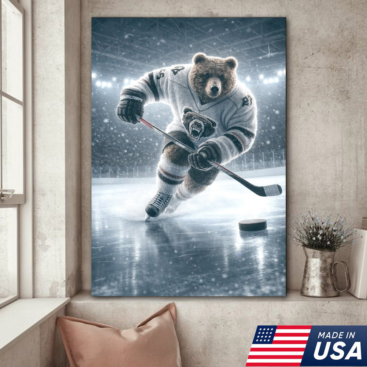 Epic Bear Ice Hockey Canvas Wall Art – Realistic Animal Athlete Print