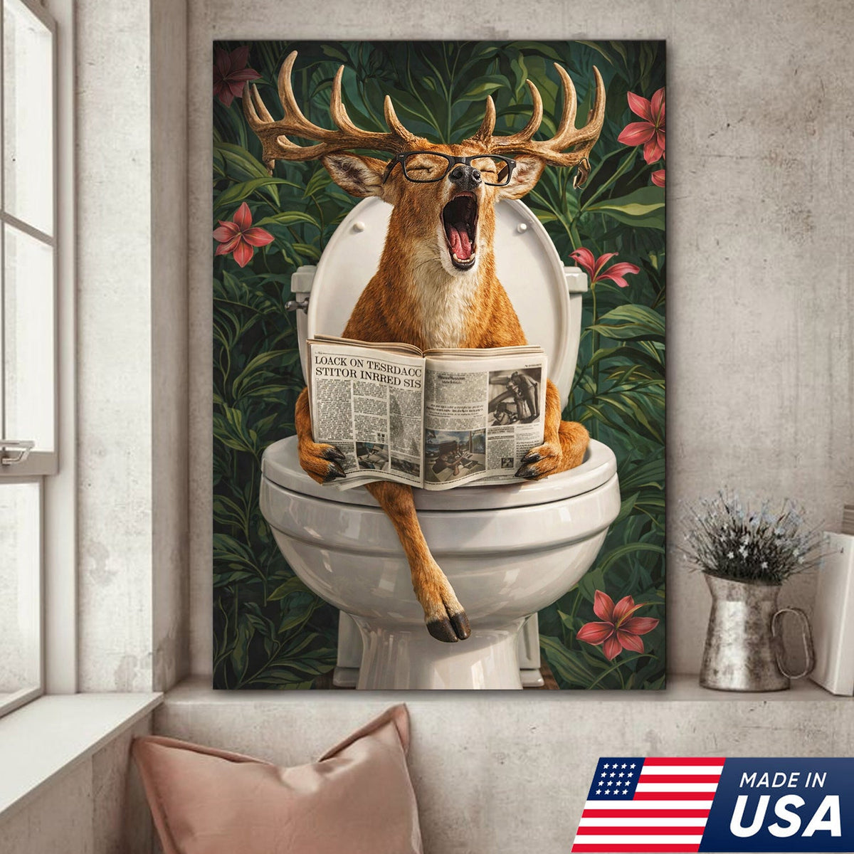 Funny Deer Toilet Canvas Wall Art – Humorous Animal Bathroom Decor with Newspaper