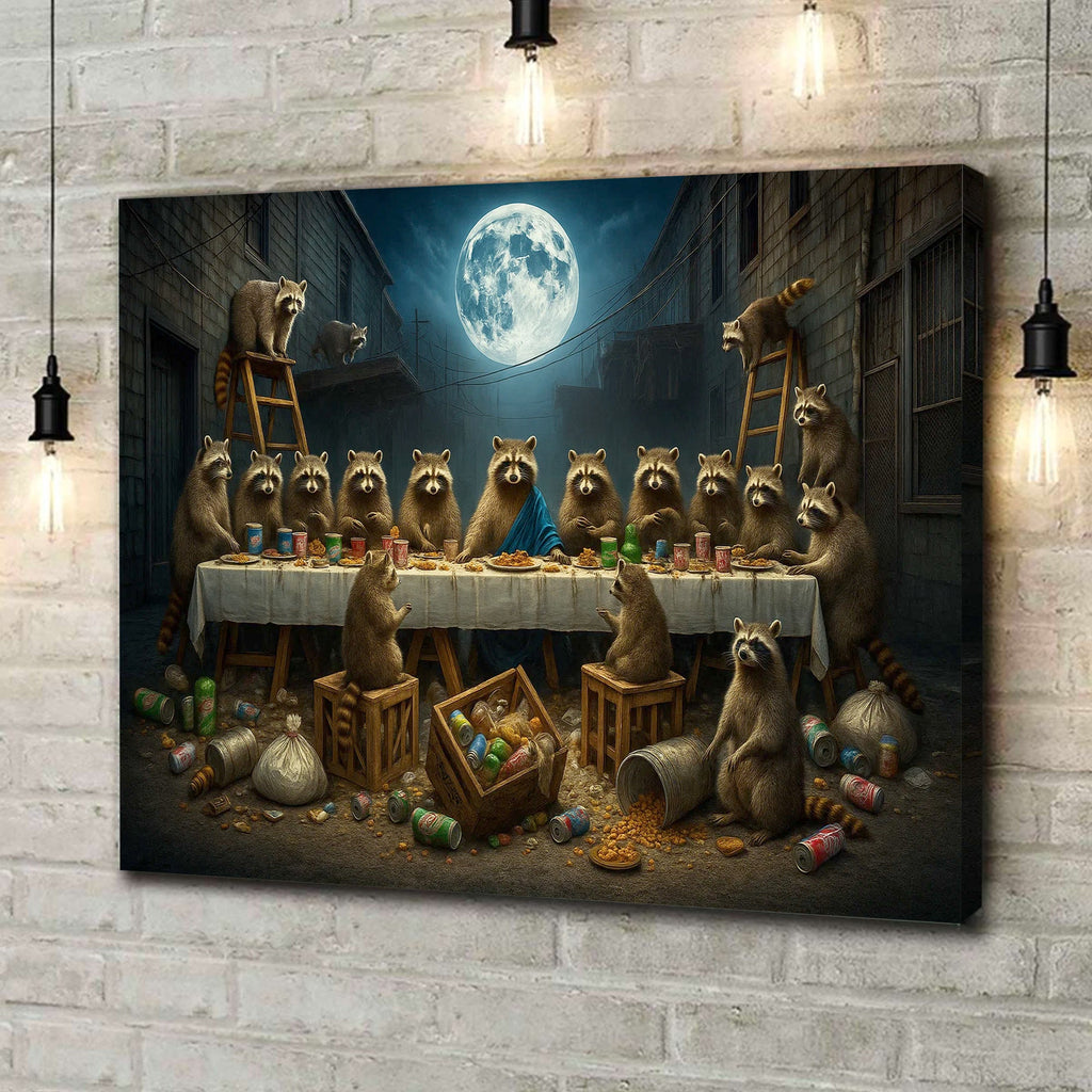 Raccoon Last Supper Canvas Art – Funny Moonlit Trash Raccoon Feast