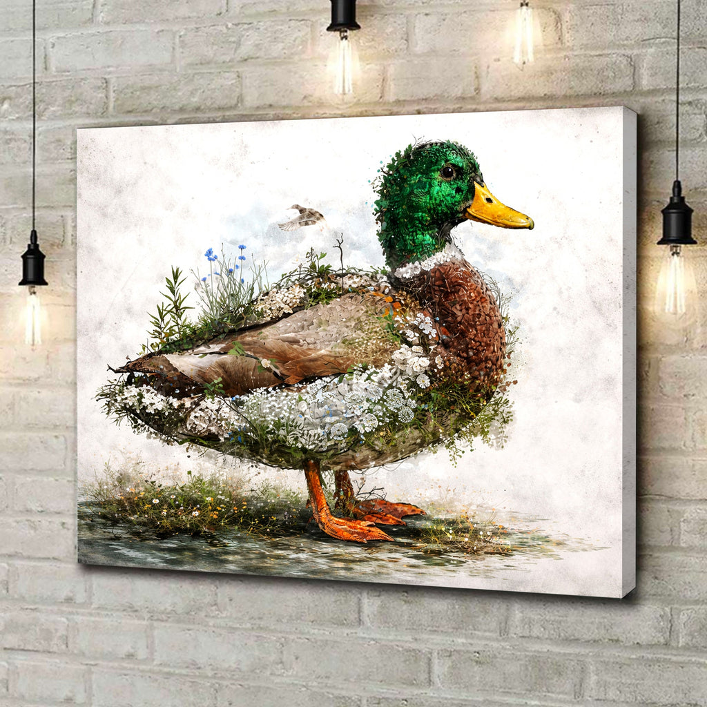 Mallard Duck Floral Nature Canvas Wall Art, Artistic Wildlife Bird Illustration