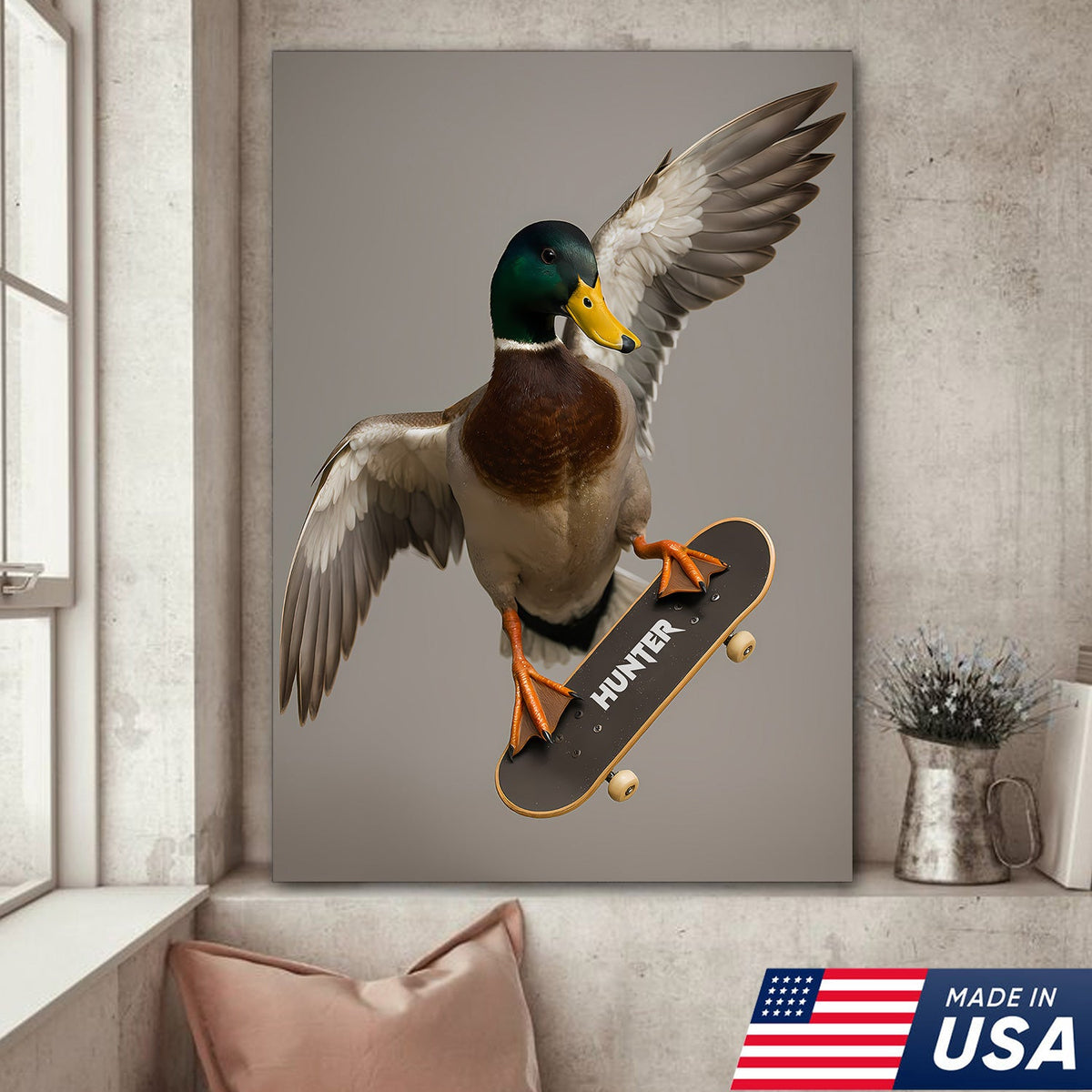 Funny Skater Duck Canvas, Cool Mallard Wall Art, Humorous Bird Lover Decor for Man Cave