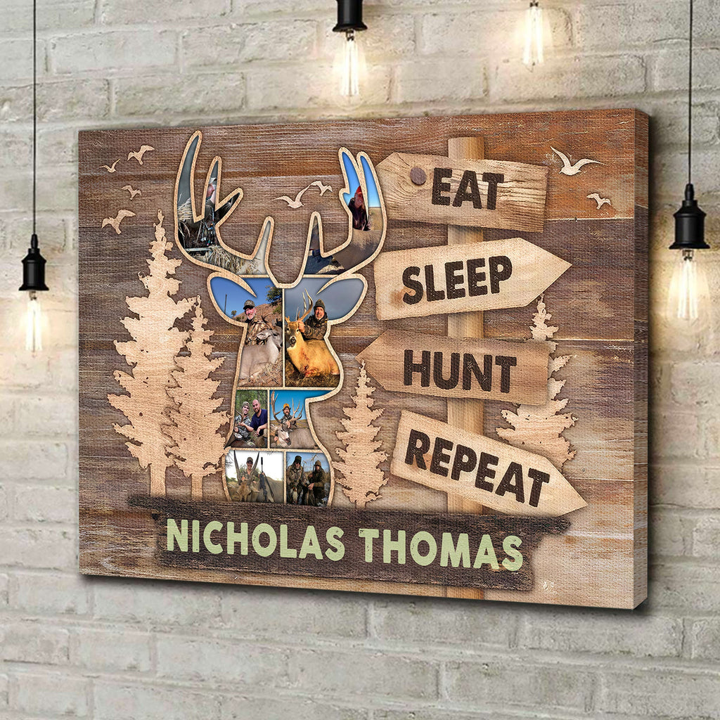 Personalized Hunting Canvas – Custom Deer Head Photo Collage Gift, Eat Sleep Hunt Repeat Wall Art for Hunters, Rustic Cabin Decor