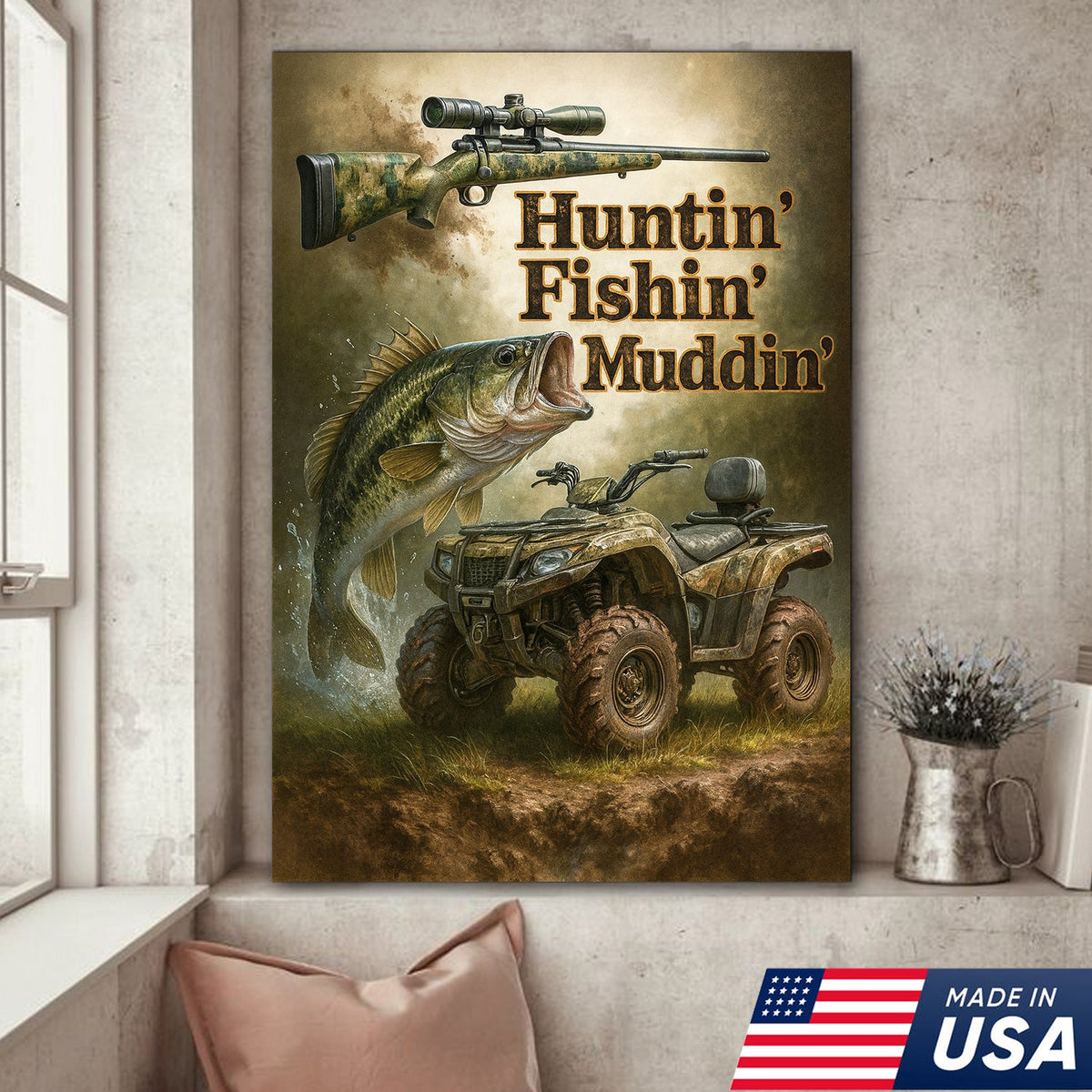 Huntin’ Fishin’ Muddin’ Canvas Wall Art, Deer Hunting and Fishing Decor for Men, Rustic ATV Cabin Artwork