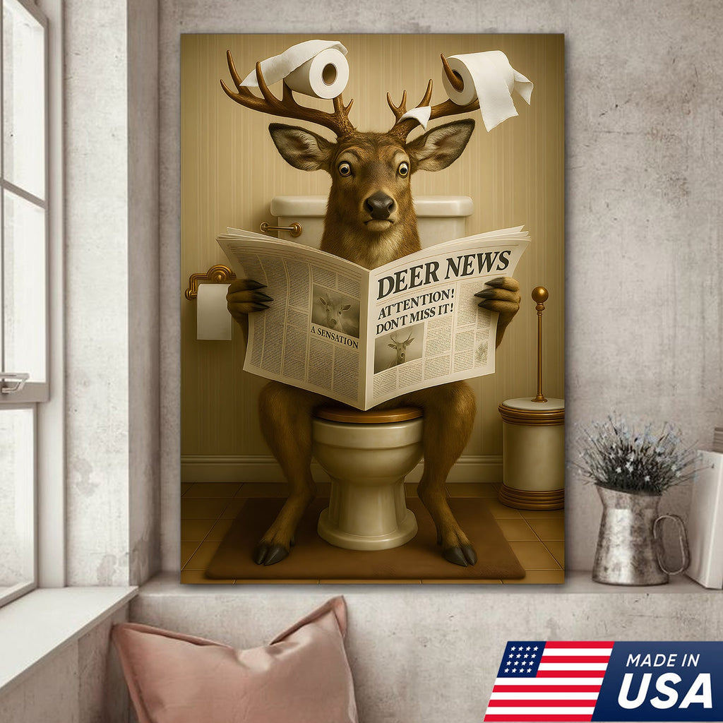 Funny Deer Bathroom Canvas – “Deer News” Toilet Wall Art for Hunters, Cabin, or Man Cave Decor