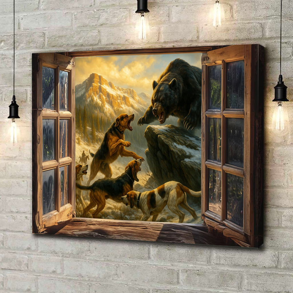 Epic Bear vs Hunting Dogs Wall Art Canvas – Western Mountain Wildlife Battle Painting for Hunters’ Cabin