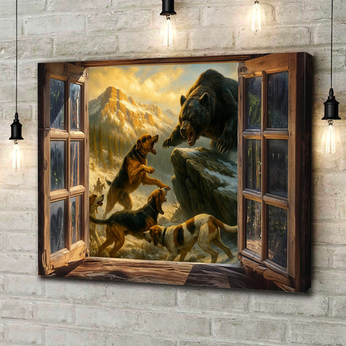 Epic Bear vs Hunting Dogs Wall Art Canvas – Western Mountain Wildlife Battle Painting for Hunters’ Cabin