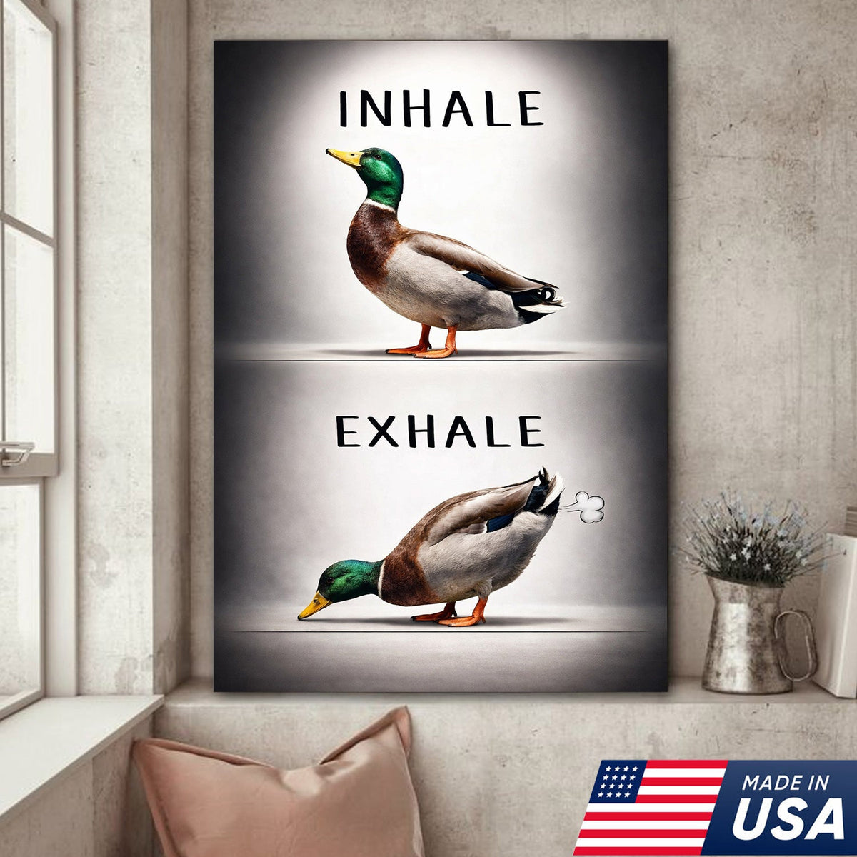 Inhale Exhale Duck Canvas Print – Funny Bathroom Wall Art – Duck Meme Decor