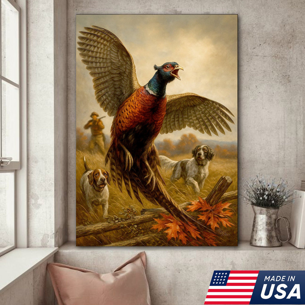 Pheasant Hunting Canvas – Flushing Bird with Pointing Dogs, Cabin & Man Cave Wall Art