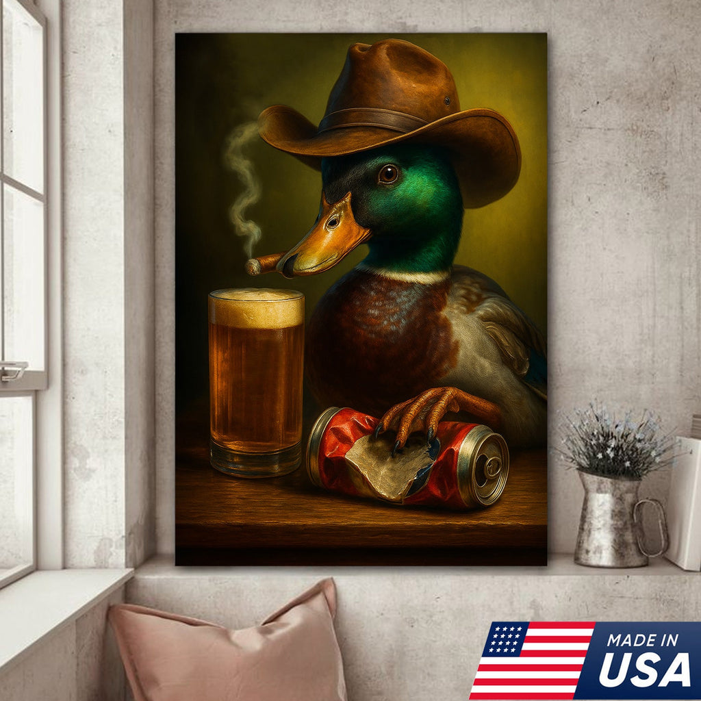 Duck Cowboy Canvas Wall Art – Funny Rustic Beer Decor for Waterfowl Hunters & Cabins
