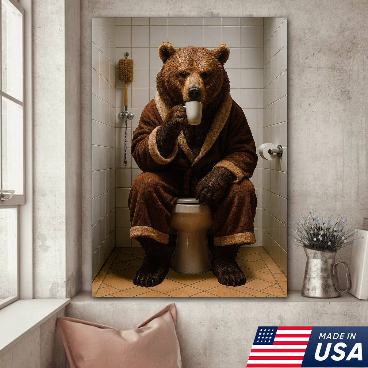 Hilarious Bear Toilet Canvas Wall Art – Morning Coffee, Quirky Bathroom Humor
