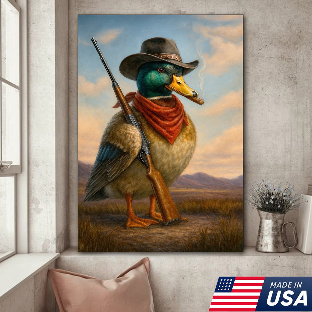 Cowboy Duck with Rifle Canvas Wall Art, Funny Western Hunter Decor for Lodge or Cabin