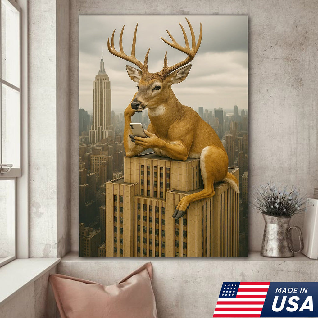 Funny Deer City Canvas Wall Art — Whitetail Buck on Skyscraper Using Phone, Surreal Urban Wildlife Artwork
