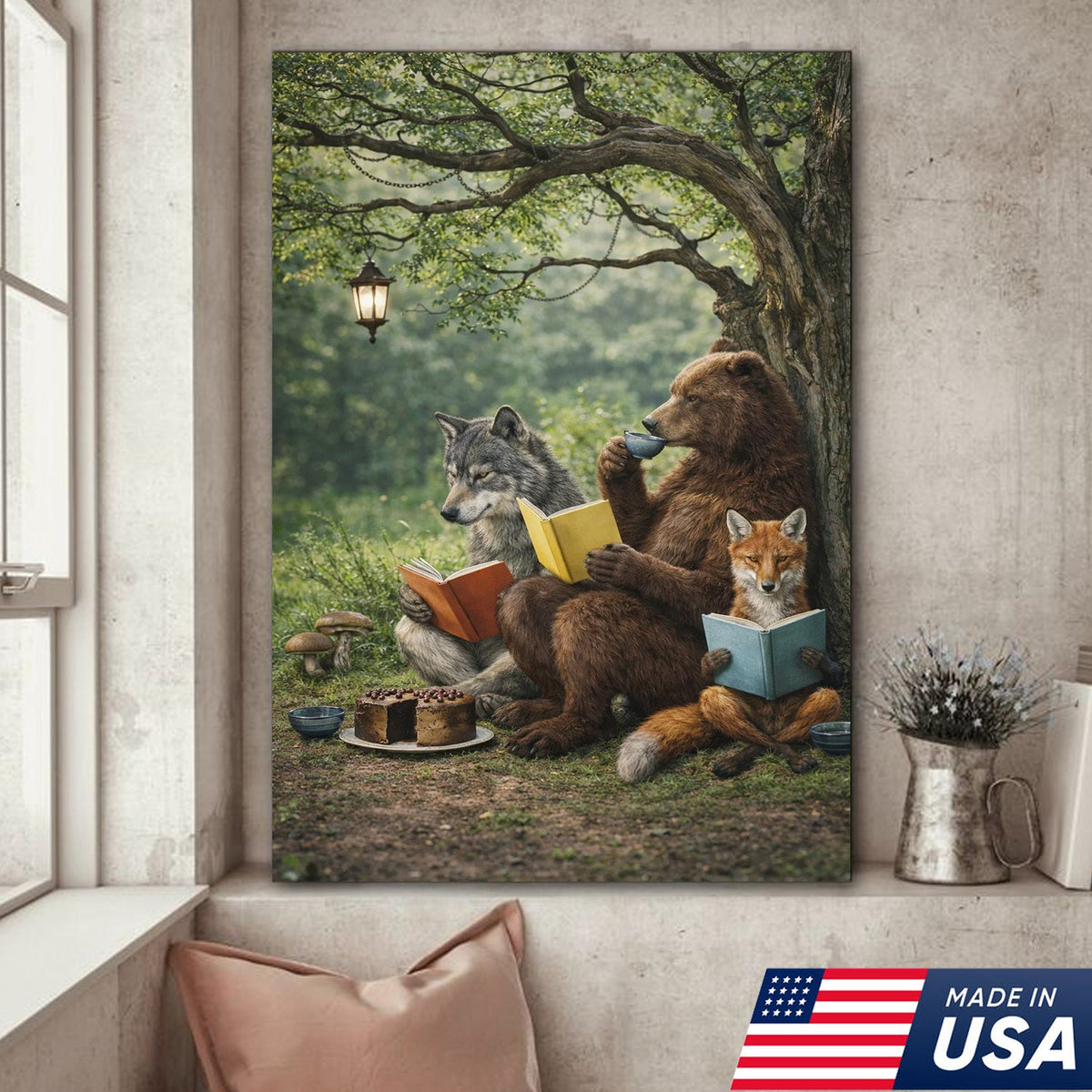 Whimsical Woodland Animals Reading Canvas Wall Art, Bear Wolf Fox Forest Storybook Decor