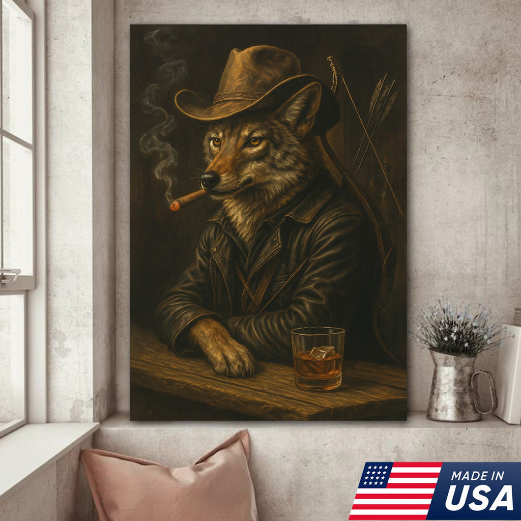 Coyote Cowboy Bar & Whiskey Canvas – Great Hunting Gift for Hunters & Rustic Western Decor