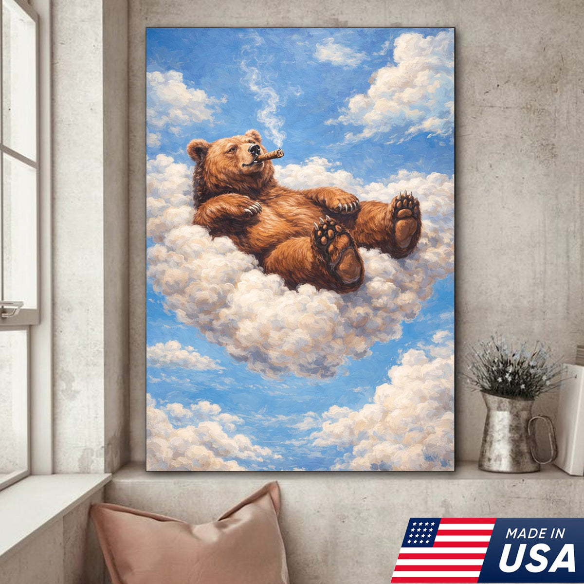 Relaxed Bear on Cloud Canvas Wall Art, Whimsical Animal Fantasy Illustration