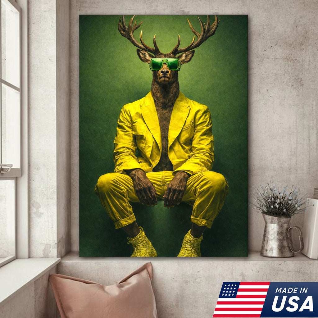 Cool Deer Canvas Wall Art Stylish Animal Portrait Green Suit Modern Decor