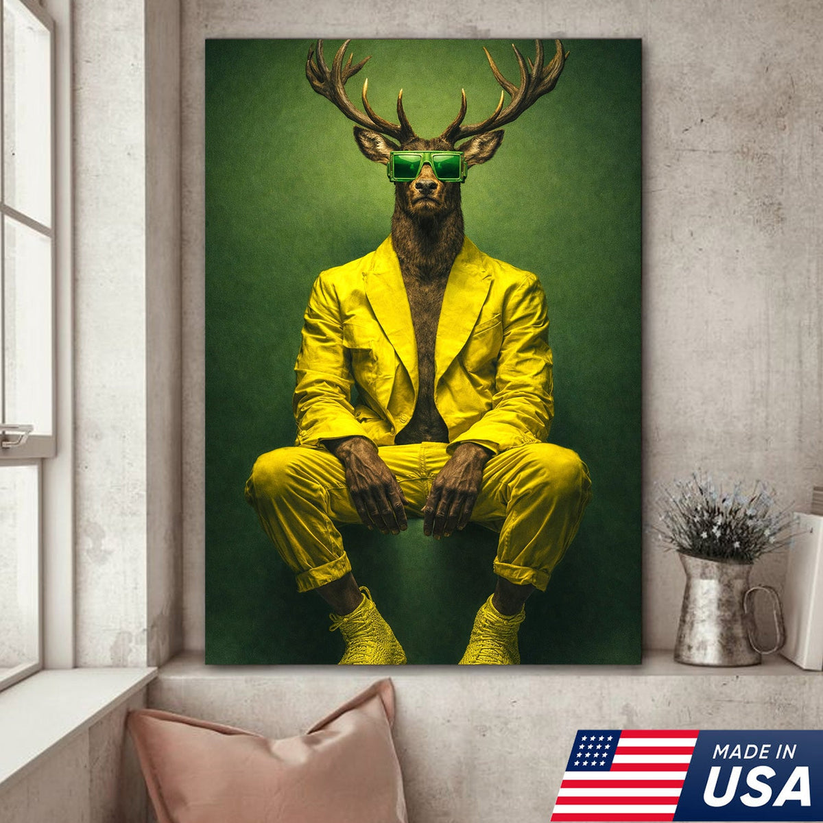 Cool Deer Canvas Wall Art Stylish Animal Portrait Green Suit Modern Decor