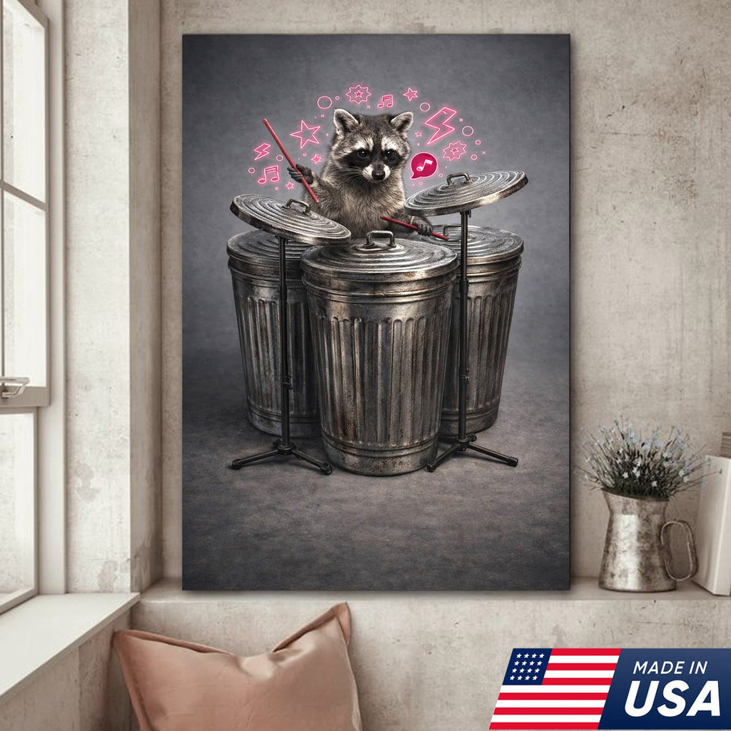 Funny Drummer Raccoon Wall Art Canvas Print, Music Lover Animal Illustration