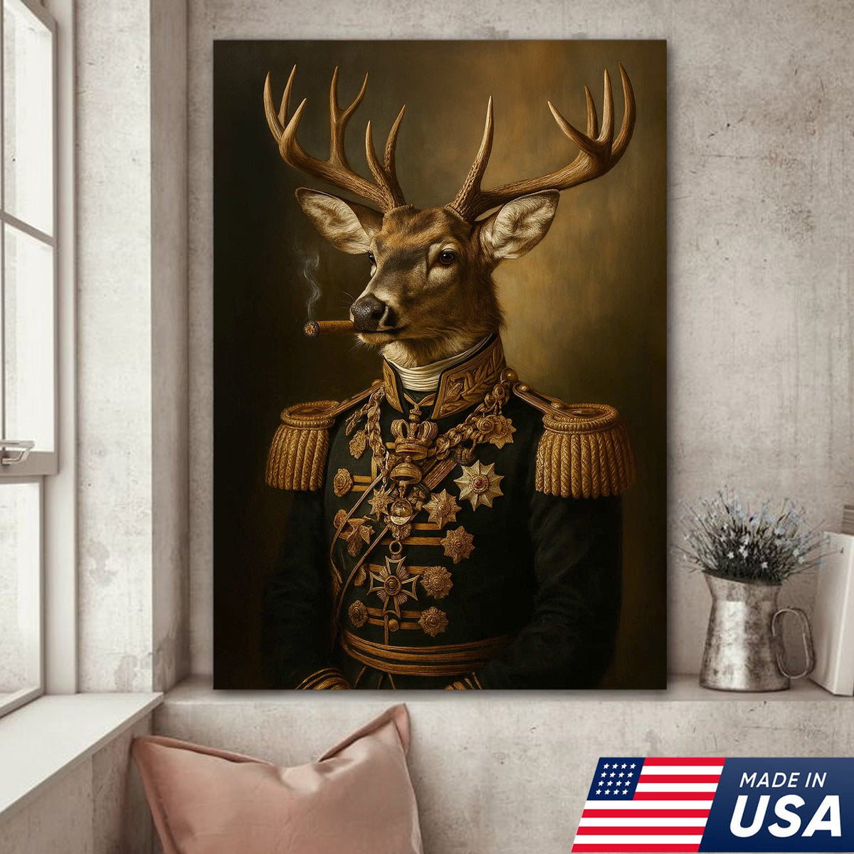 Royal Deer Portrait Canvas Wall Art, Elegant Animal Dressed in Military Uniform, Vintage Noble Stag Artwork