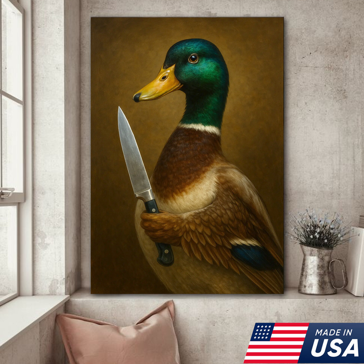 Funny Duck Chef Canvas Wall Art, Mallard Portrait for Kitchen Decor
