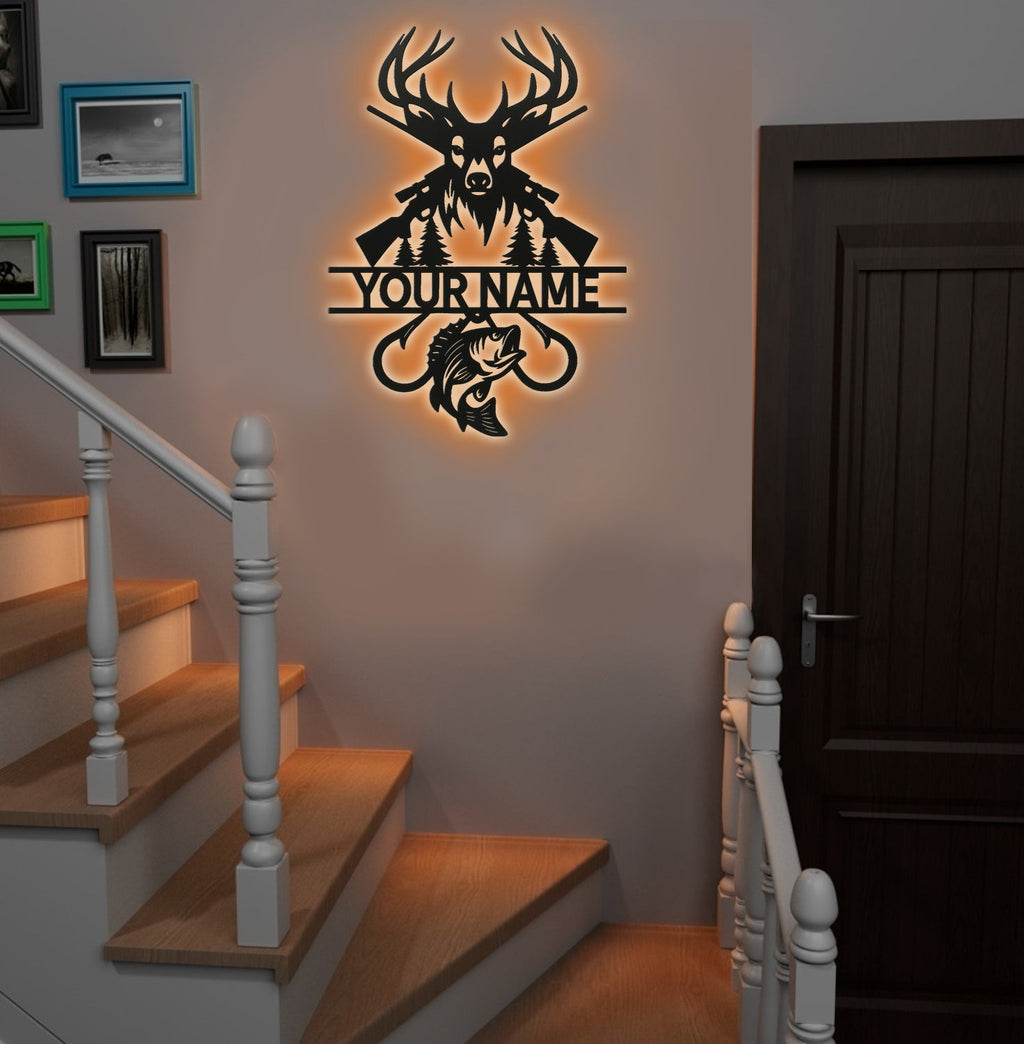 Personalized Deer Hunting and Fishing Metal Sign WITH LED/WITHOUT LED – Rustic Cabin Wall Decor