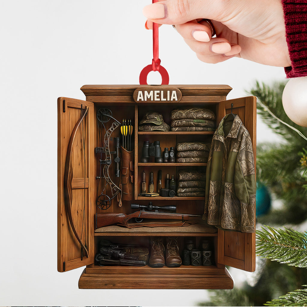 Personalized Hunter’s Gear Closet Ornament, Custom Name Hunting Equipment Christmas Decoration