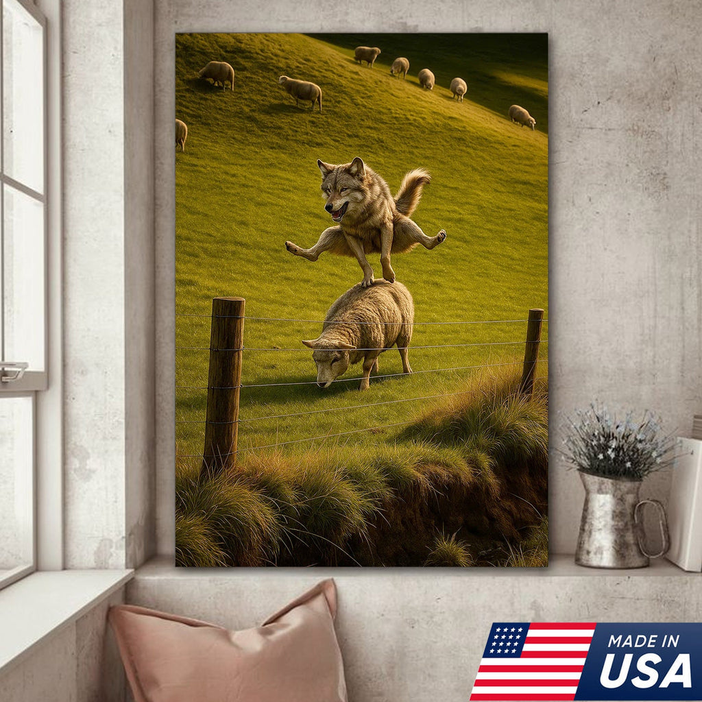 Funny Wolf and Sheep Canvas Wall Art - Hilarious Animal Jump Scene, Rustic Farmhouse Decor