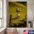 Funny Wolf and Sheep Canvas Wall Art - Hilarious Animal Jump Scene, Rustic Farmhouse Decor
