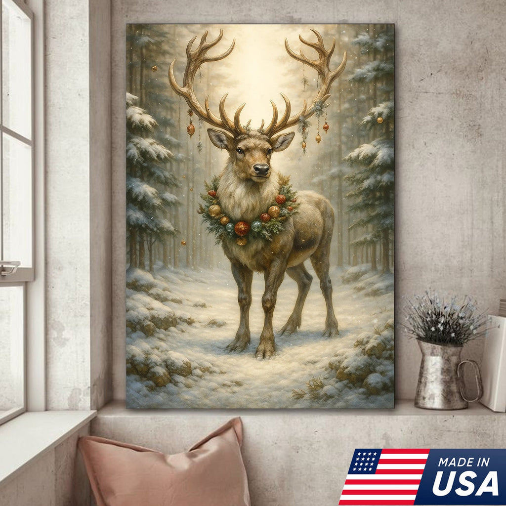 Christmas Reindeer Canvas Wall Art, Majestic Deer with Ornament Wreath in Snowy Forest
