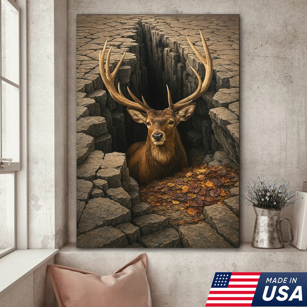Epic Deer Canvas Art – Majestic Buck Emerging from Cracked Earth