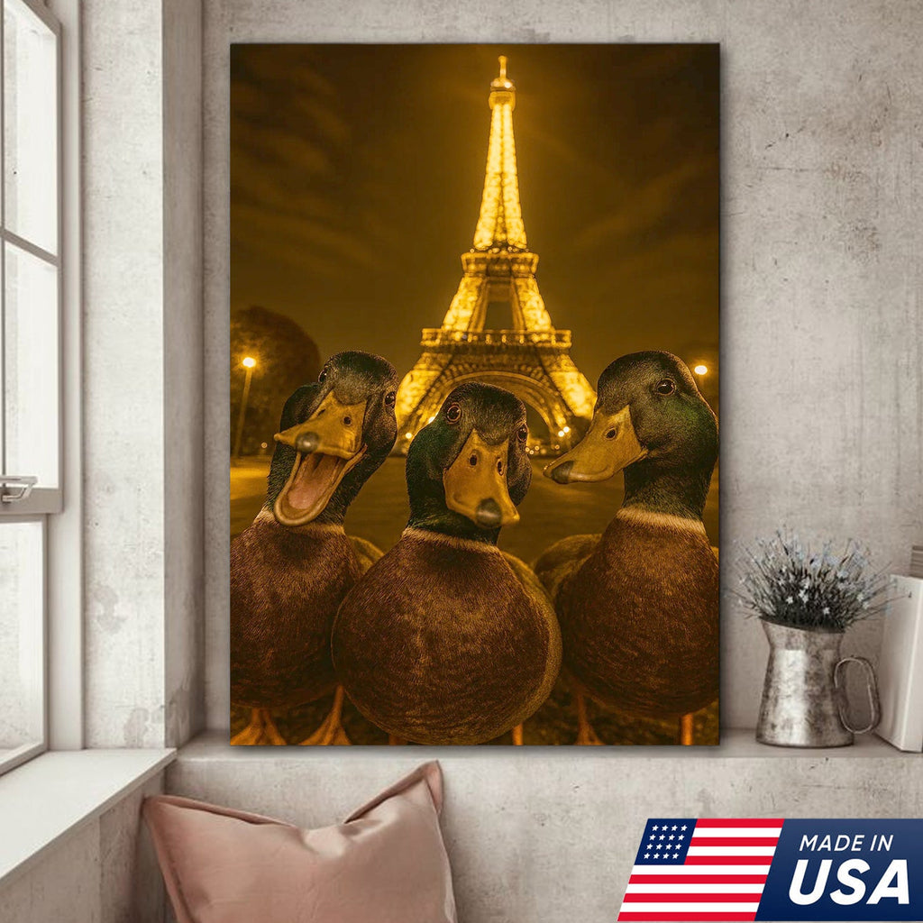 Paris Duck Selfie Canvas – Funny Three Ducks at Eiffel Tower, Hilarious Travel-Themed Wall Art
