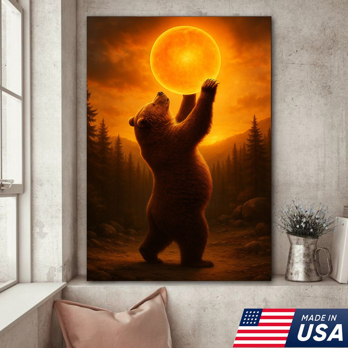 Bear Holding the Sun Canvas Art – Sunset Wilderness Wall Decor for Cabin & Home