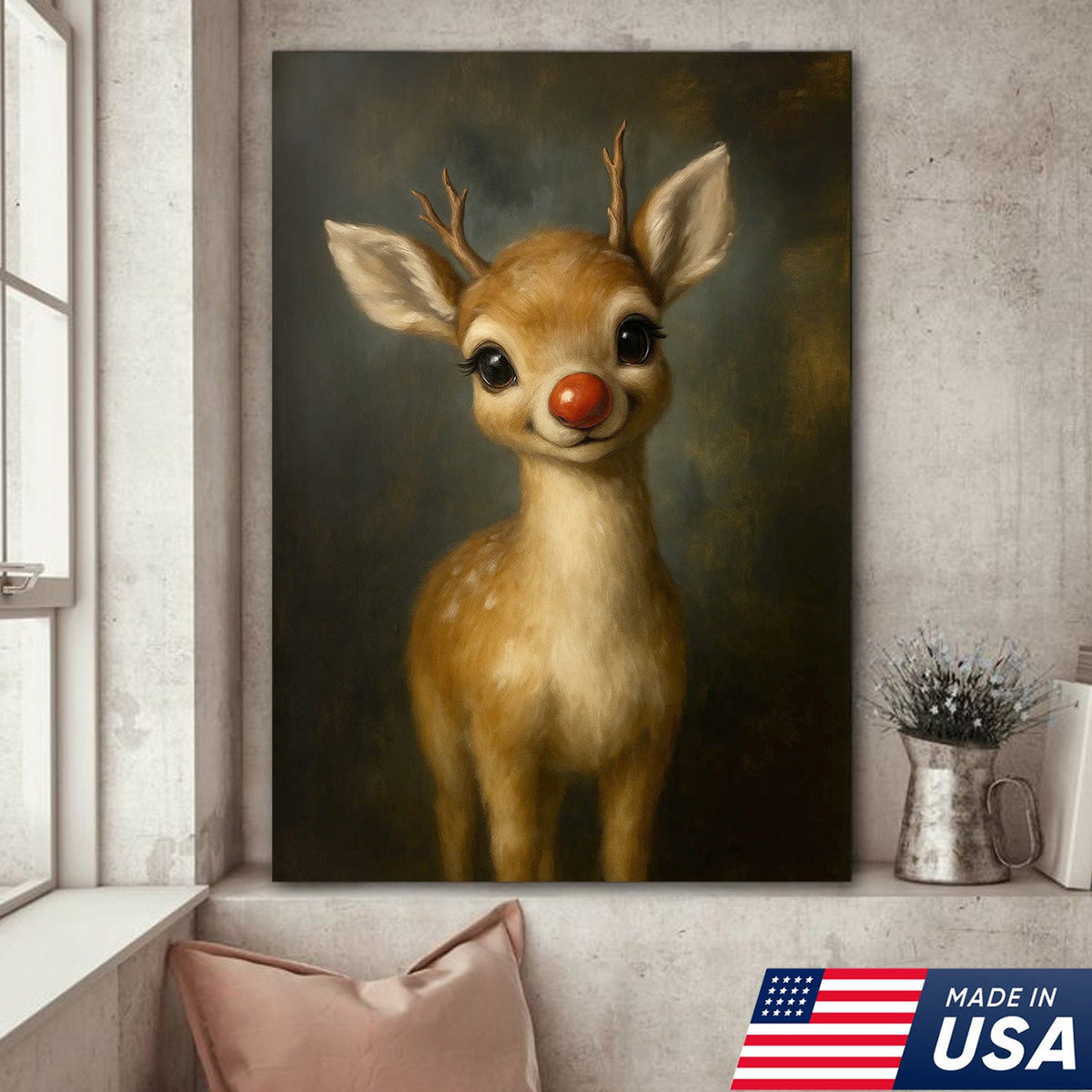 Cute Red Nose Baby Reindeer Canvas Wall Art, Christmas Deer Nursery Decor