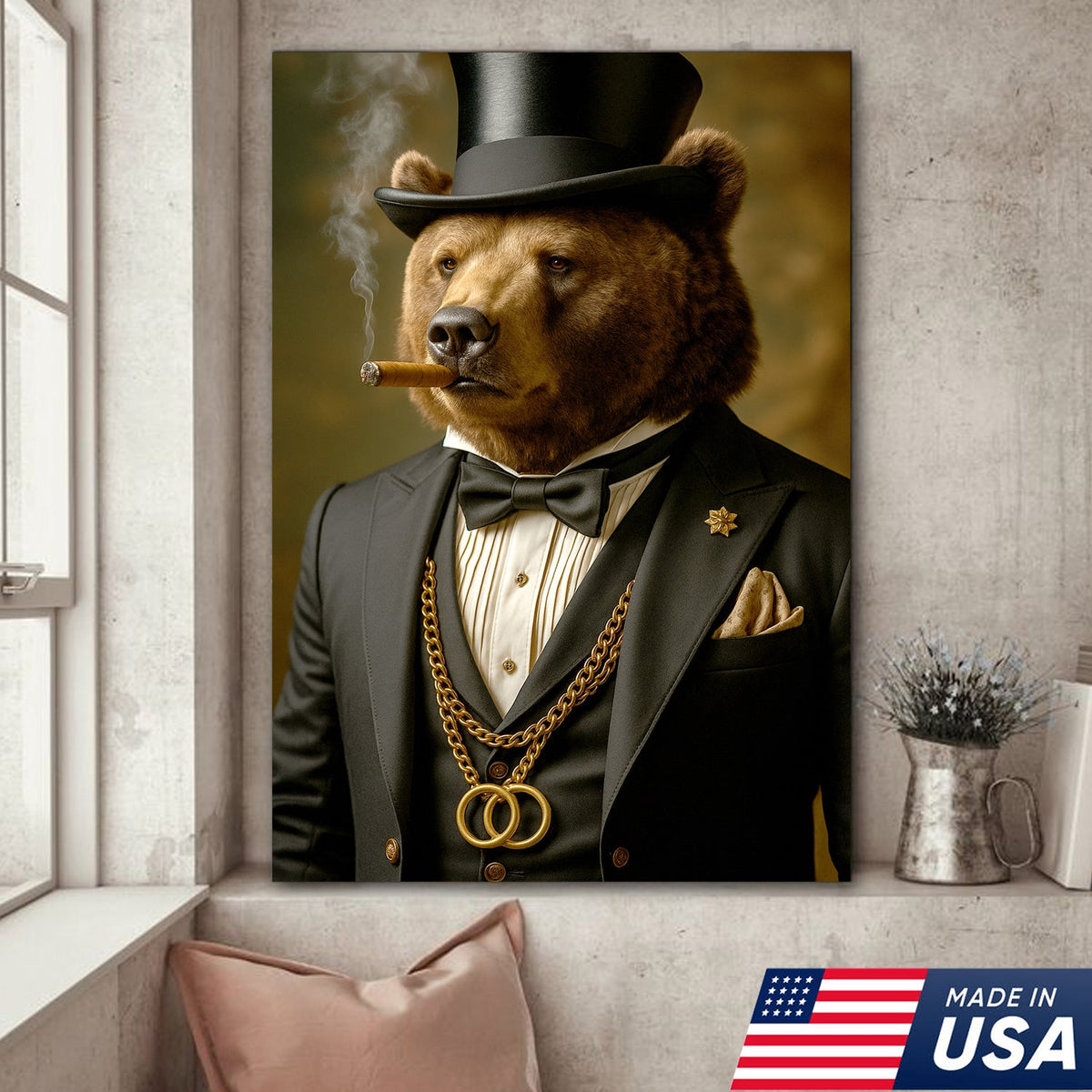 Bear Gentleman Wall Art Canvas – Fancy Suit & Cigar Canvas Print for Home Bar, Man Cave Decor