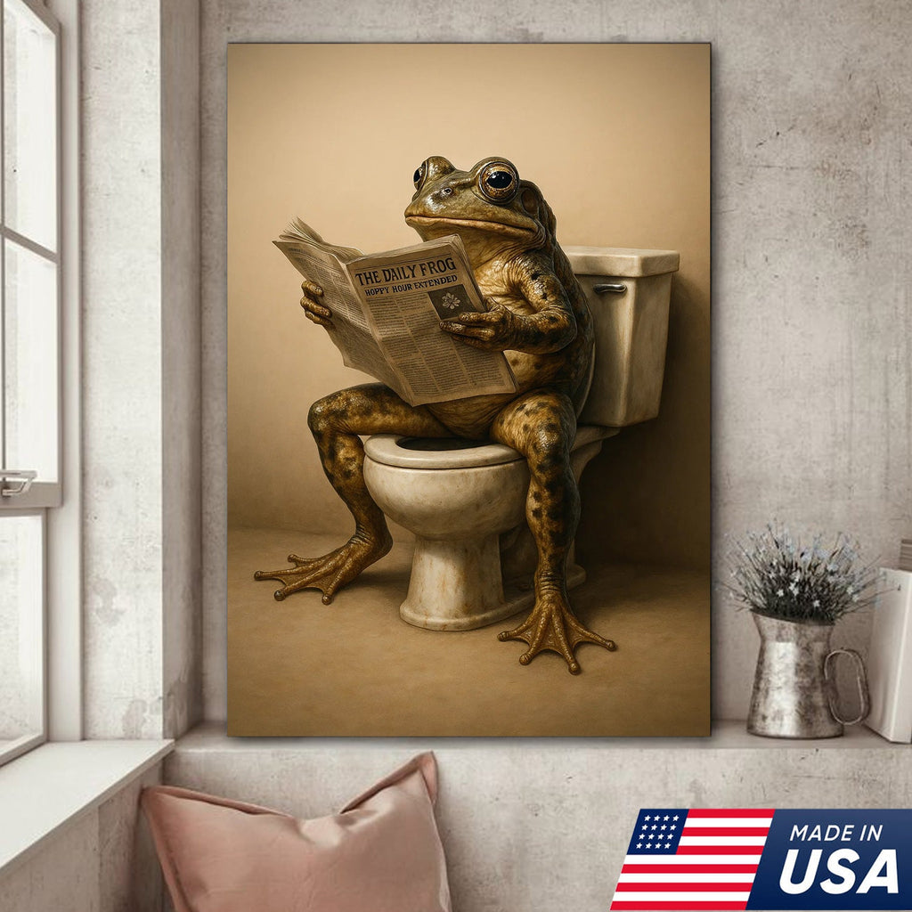 Funny Frog Bathroom Canvas Wall Art, Frog Reading Newspaper on Toilet