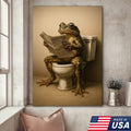 Funny Frog Bathroom Canvas Wall Art, Frog Reading Newspaper on Toilet